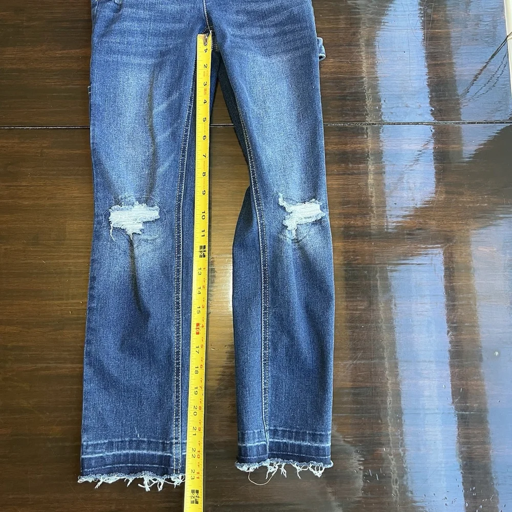 Justice Girls Overall Jumper Denim Blue Size 10 Slim Skinny Stretch Fringe Hem